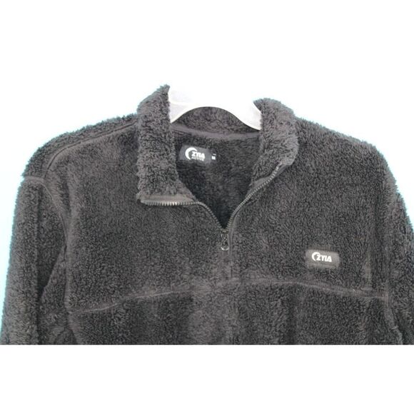 ZYIA Active Black Sherpa Teddy 1/4 Zip Pocket Jacket Pullover Sz M - Picture 2 of 9